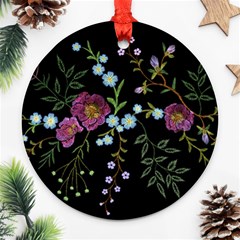 Embroidery Trend Floral Pattern Small Branches Herb Rose Ornament (round) by Vaneshart