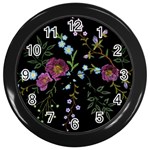 Embroidery Trend Floral Pattern Small Branches Herb Rose Wall Clock (Black) Front