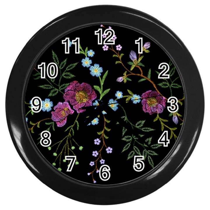 Embroidery Trend Floral Pattern Small Branches Herb Rose Wall Clock (Black)