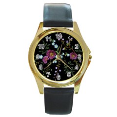 Embroidery Trend Floral Pattern Small Branches Herb Rose Round Gold Metal Watch by Vaneshart