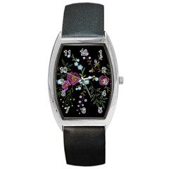 Embroidery Trend Floral Pattern Small Branches Herb Rose Barrel Style Metal Watch by Vaneshart