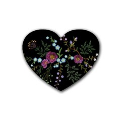 Embroidery Trend Floral Pattern Small Branches Herb Rose Rubber Coaster (heart)  by Vaneshart