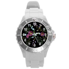 Embroidery Trend Floral Pattern Small Branches Herb Rose Round Plastic Sport Watch (l) by Vaneshart