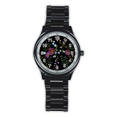 Embroidery Trend Floral Pattern Small Branches Herb Rose Stainless Steel Round Watch by Vaneshart