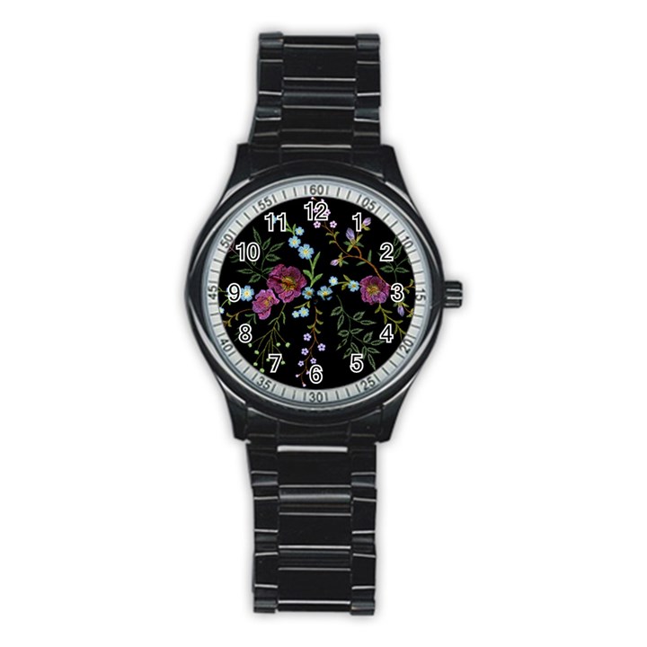 Embroidery Trend Floral Pattern Small Branches Herb Rose Stainless Steel Round Watch