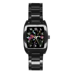 Embroidery Trend Floral Pattern Small Branches Herb Rose Stainless Steel Barrel Watch by Vaneshart