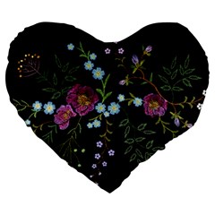 Embroidery Trend Floral Pattern Small Branches Herb Rose Large 19  Premium Flano Heart Shape Cushions by Vaneshart