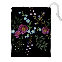 Embroidery Trend Floral Pattern Small Branches Herb Rose Drawstring Pouch (4xl) by Vaneshart