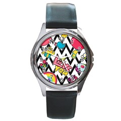 Vector Romantic Love Seamless Pattern Round Metal Watch by Vaneshart