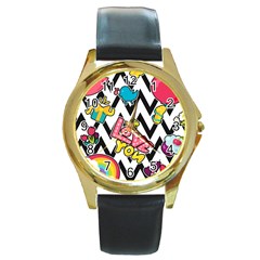 Vector Romantic Love Seamless Pattern Round Gold Metal Watch by Vaneshart