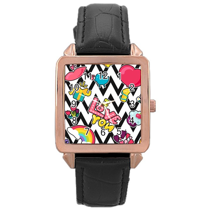 Vector Romantic Love Seamless Pattern Rose Gold Leather Watch 