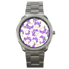 Purple Owl Pattern Background Sport Metal Watch by Vaneshart