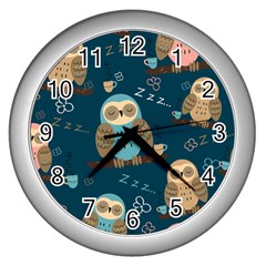 Seamless Pattern Owls Dreaming Wall Clock (silver) by Vaneshart