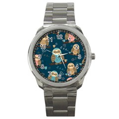 Seamless Pattern Owls Dreaming Sport Metal Watch by Vaneshart