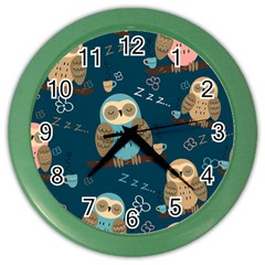 Seamless Pattern Owls Dreaming Color Wall Clock by Vaneshart