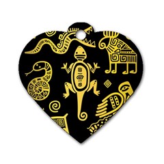 Mexican Culture Golden Tribal Icons Dog Tag Heart (Two Sides)