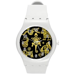 Mexican Culture Golden Tribal Icons Round Plastic Sport Watch (M)