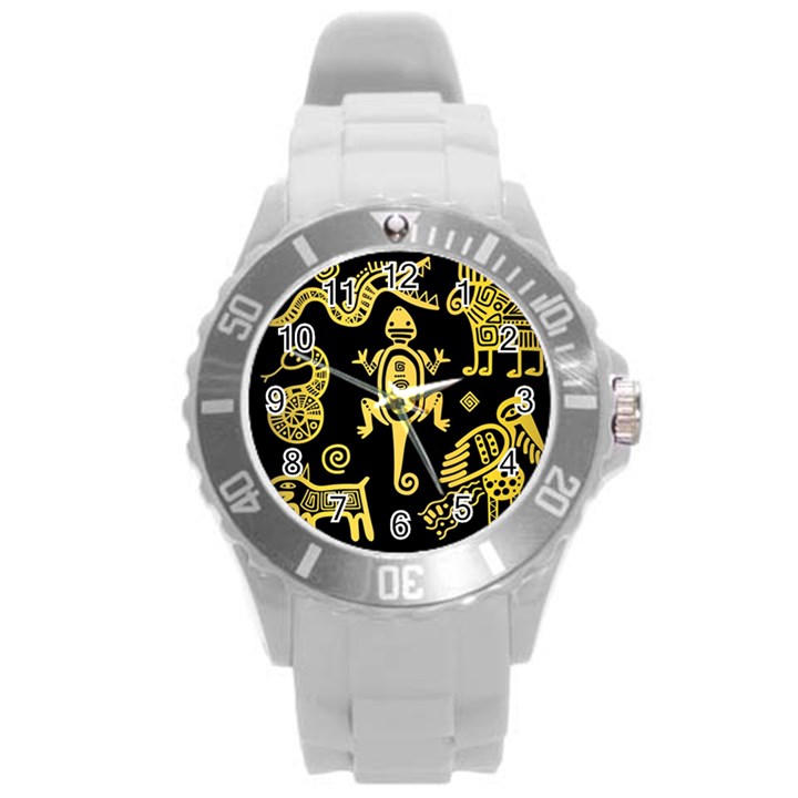 Mexican Culture Golden Tribal Icons Round Plastic Sport Watch (L)