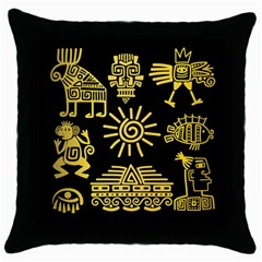 Maya Style Gold Linear Totem Icons Throw Pillow Case (black) by Vaneshart