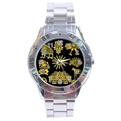 Maya Style Gold Linear Totem Icons Stainless Steel Analogue Watch by Vaneshart