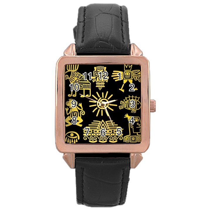 Maya Style Gold Linear Totem Icons Rose Gold Leather Watch 