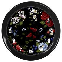 Floral Folk Fashion Ornamental Embroidery Pattern Wall Clock (black) by Vaneshart