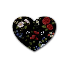 Floral Folk Fashion Ornamental Embroidery Pattern Rubber Coaster (heart)  by Vaneshart