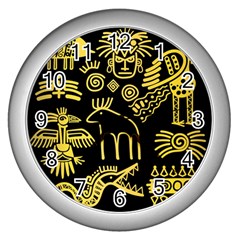 Golden Indian Traditional Signs Symbols Wall Clock (silver) by Vaneshart