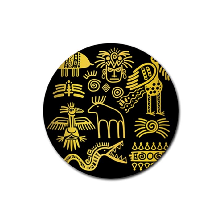 Golden Indian Traditional Signs Symbols Rubber Coaster (Round) 