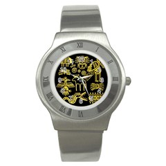 Golden Indian Traditional Signs Symbols Stainless Steel Watch by Vaneshart