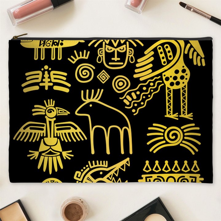 Golden Indian Traditional Signs Symbols Cosmetic Bag (XXXL)