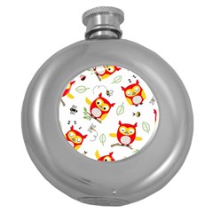 Seamless Pattern Vector Owl Cartoon With Bugs Round Hip Flask (5 Oz) by Vaneshart