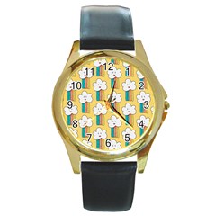 Smile Cloud Rainbow Pattern Yellow Round Gold Metal Watch