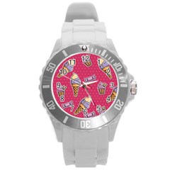 Seamless Pattern Patches With Ice Cream Round Plastic Sport Watch (l) by Vaneshart