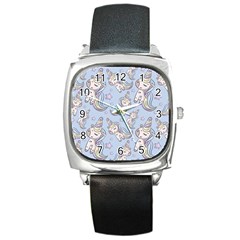 Pattern With Cute Unicorns Square Metal Watch by Vaneshart