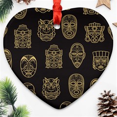 Indian Aztec African Historic Tribal Mask Seamless Pattern Heart Ornament (two Sides) by Vaneshart