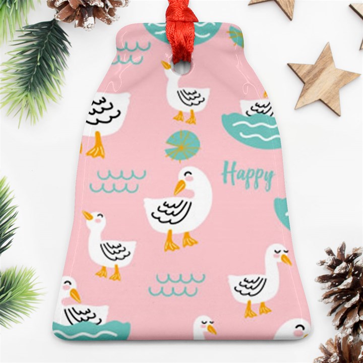 Cute Happy Duck Gift Card Design Seamless Pattern Template Ornament (Bell)