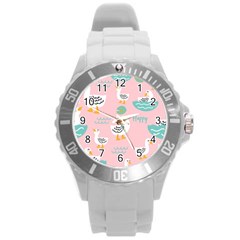 Cute Happy Duck Gift Card Design Seamless Pattern Template Round Plastic Sport Watch (l) by Vaneshart