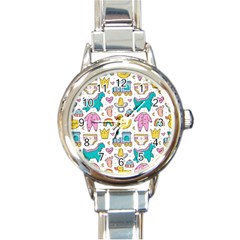 Baby Care Stuff Clothes Toys Cartoon Seamless Pattern Round Italian Charm Watch by Vaneshart