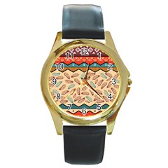 Ethnic Tribal Pattern Background Round Gold Metal Watch by Vaneshart