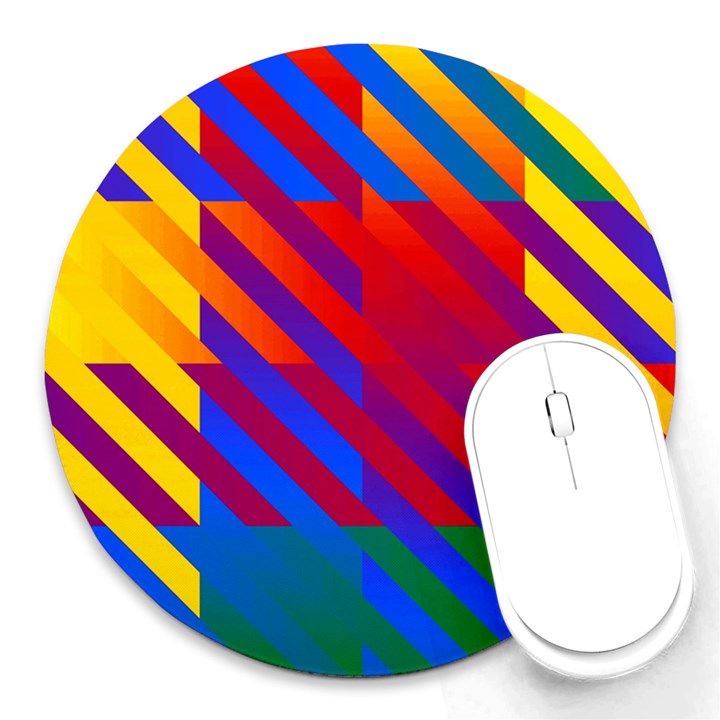 Gay Pride Rainbow Diagonal Striped Checkered Squares Round Mousepads