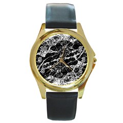 Black And White Abstract Textured Print Round Gold Metal Watch by dflcprintsclothing