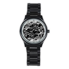 Black And White Abstract Textured Print Stainless Steel Round Watch by dflcprintsclothing