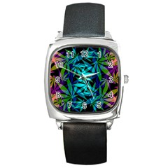 420 Ganja Pattern, Weed Leafs, Marihujana In Colors Square Metal Watch