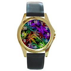 Ganja In Rainbow Colors, Weed Pattern, Marihujana Theme Round Gold Metal Watch by Casemiro