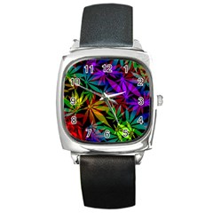 Ganja In Rainbow Colors, Weed Pattern, Marihujana Theme Square Metal Watch by Casemiro