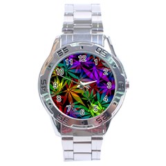 Ganja In Rainbow Colors, Weed Pattern, Marihujana Theme Stainless Steel Analogue Watch