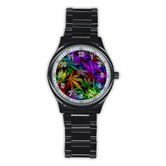 Ganja In Rainbow Colors, Weed Pattern, Marihujana Theme Stainless Steel Round Watch by Casemiro