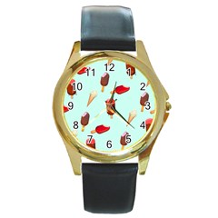 Ice Cream Pattern, Light Blue Background Round Gold Metal Watch