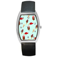 Ice Cream Pattern, Light Blue Background Barrel Style Metal Watch